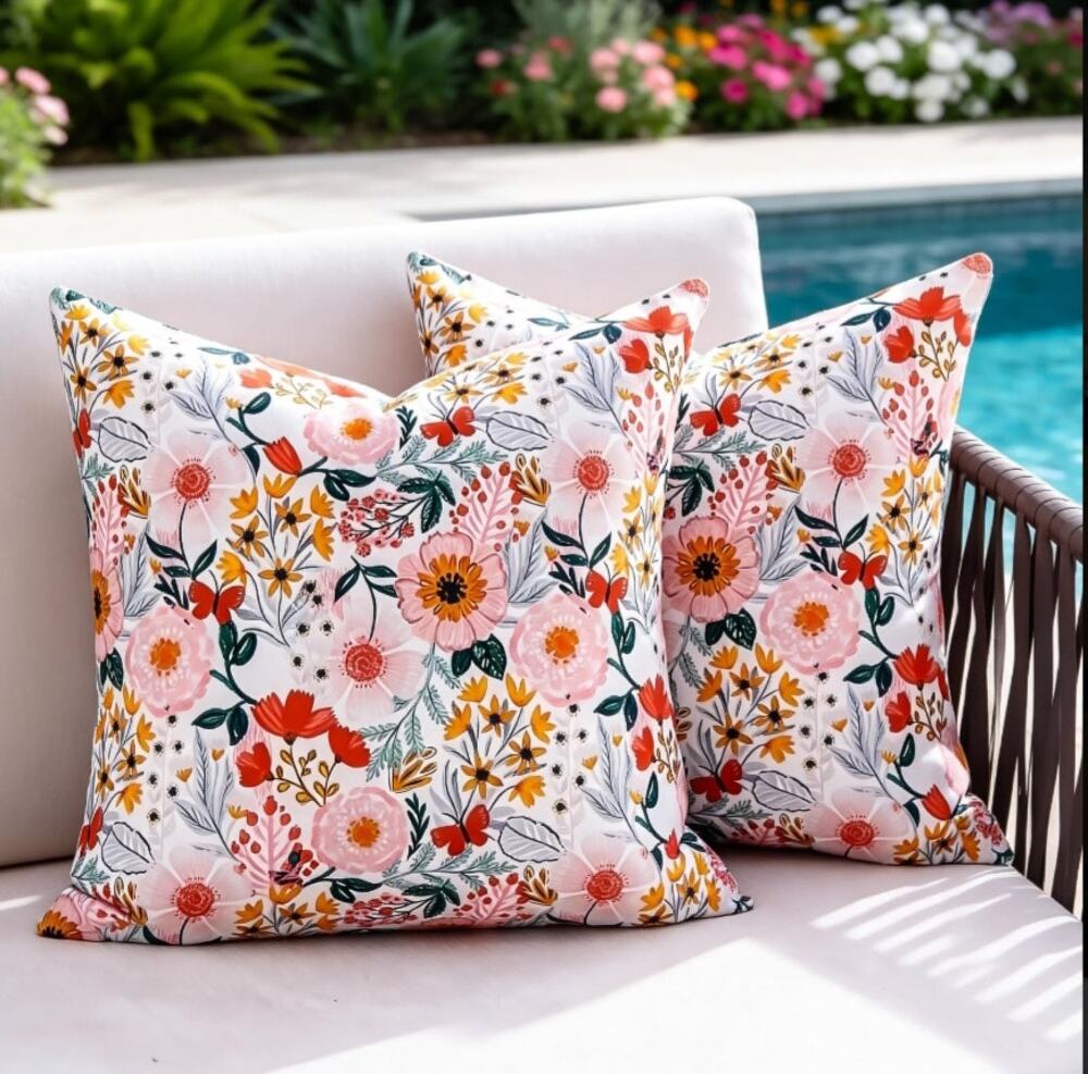 Set of 2 Outdoor Pillow Covers 20x20 Floral Cottagecore Watercolor Patio Boho